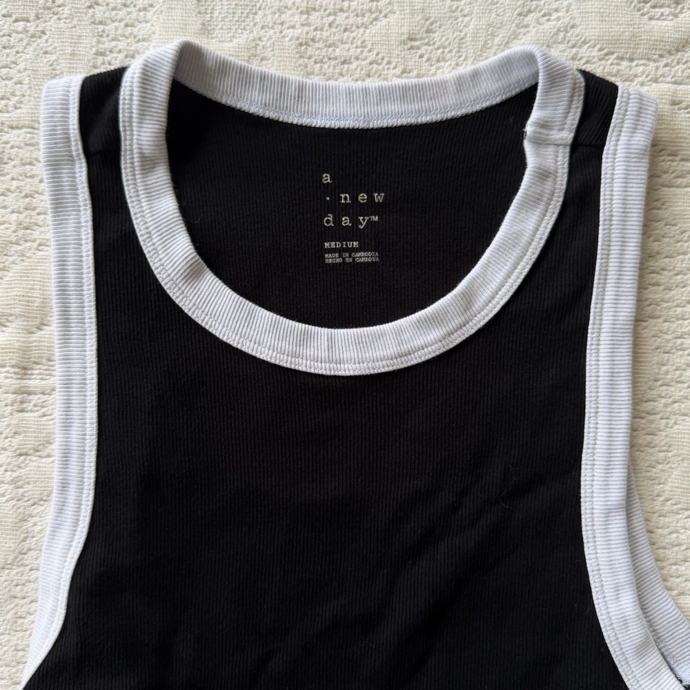 a new day Black Tank with White Trim Ribbed Detail